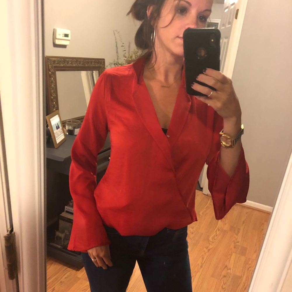 Red satin surplice flare shirt